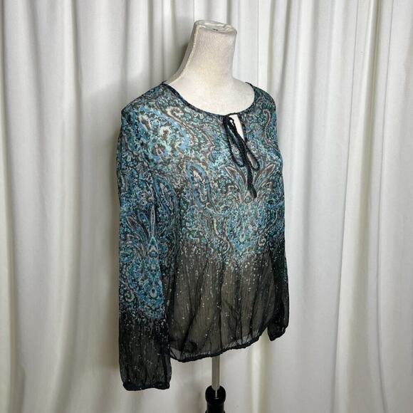 a.n.a Sheer Paisley Blouse Sheer Ombre Long Sleeve Women's Medium Blue Boho - Picture 7 of 9